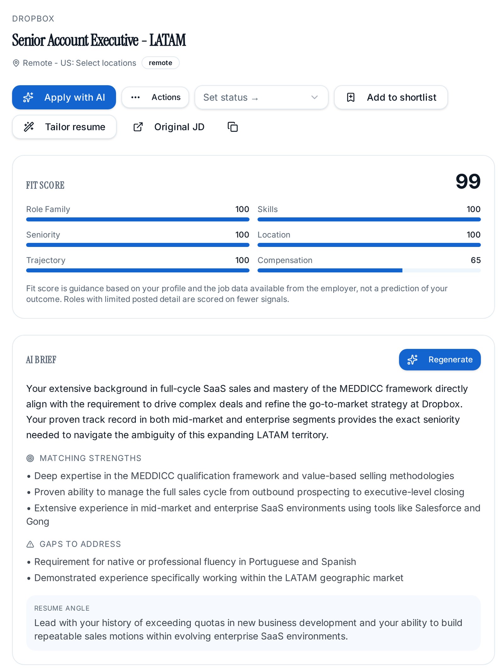 CareerFindr opportunity detail for a Senior Account Executive role at Dropbox with a fit score of 99, six dimension bars, AI brief, matching strengths, gaps to address and resume angle